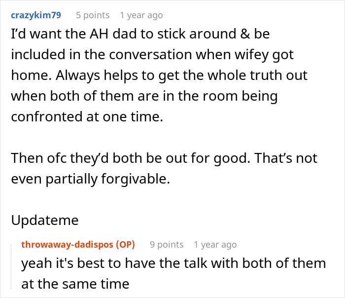 A Reddit comment suggesting confronting a wife and dad together after a dad confessed, addressing betrayal.