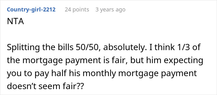 A user's comment on an online forum about splitting a boyfriend's mortgage 50/50 if she's not on the deed.