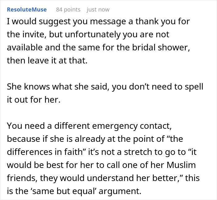 A Reddit post advising how to respond after a Christian bride excludes a Muslim best friend, highlighting religious differences.