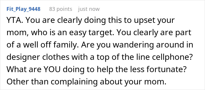 Comment discussing wealthy mom treating house help like family but making them stay in a shed, highlighting hypocrisy called out by teen.
