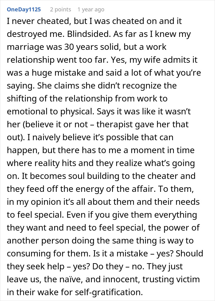 Text comment discussing the emotional impact of being cheated on and the consequences of chasing a cheating fantasy.