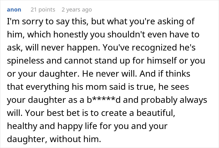 Reddit comment with advice regarding a man's donor baby, highlighting family issues and how he doesn't see her as his daughter.