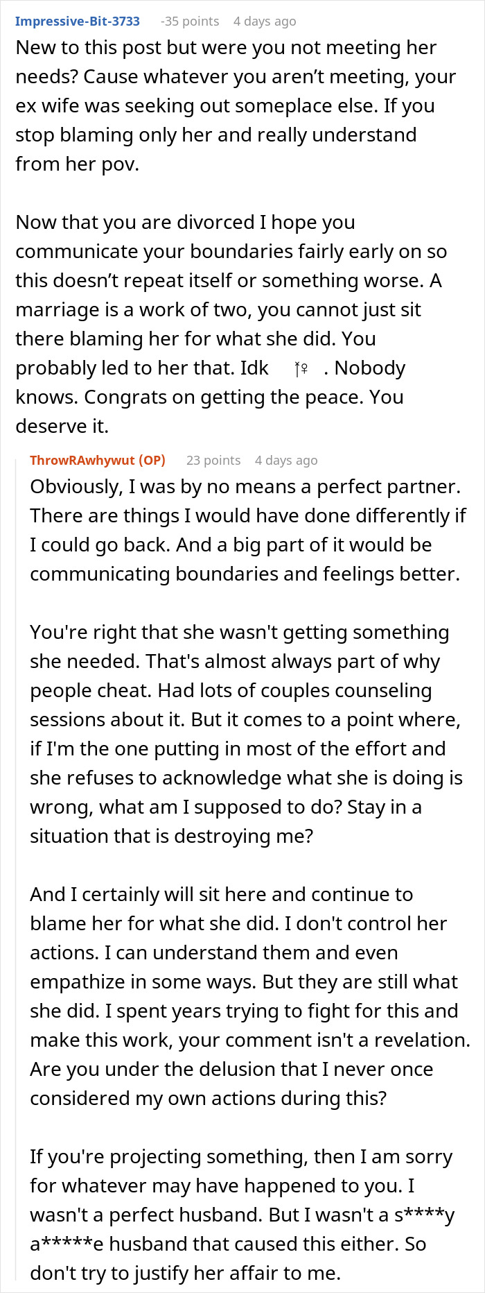 A phone screen displays an online forum discussion, where a man's gut feeling about his wife and coworker leads to snooping on her phone.