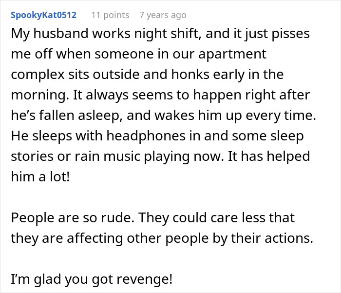 Text post discussing frustration with early morning honking and how a man gets revenge on honking driver using an ice-filled bin.