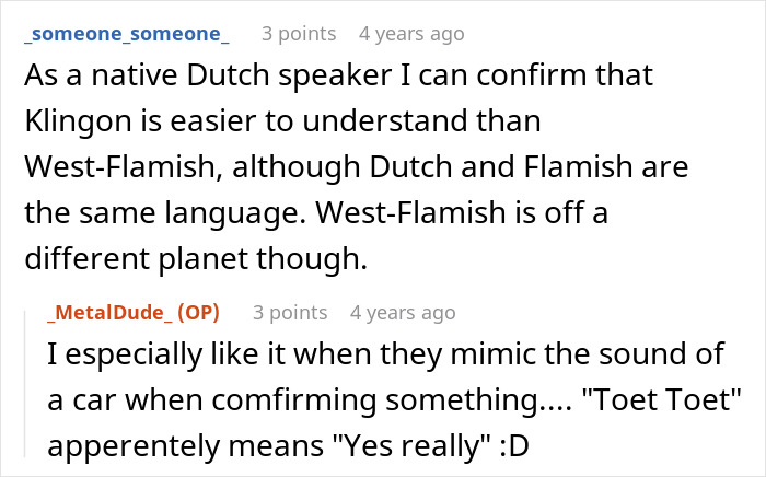 Two Reddit comments about language, one Dutch speaker comparing Klingon to West-Flamish, showcasing a horrible boss getting what's coming to him.