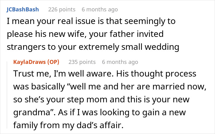 A Reddit comment thread discussing The Entitlement of strangers at a wedding, with the original poster replying to a comment.