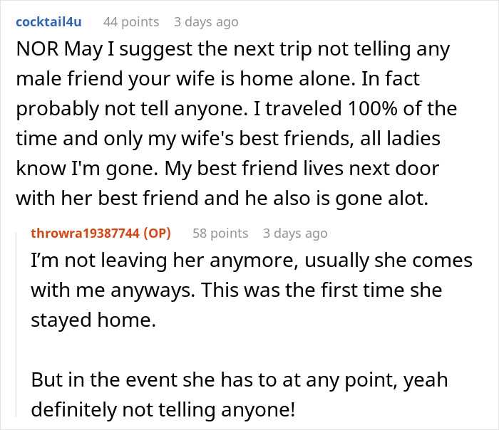 Reddit comments discussing a friend visiting a couple's home at night when the woman is alone, with hubs noticing strange behavior.