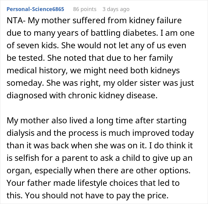 Text post discussing kidney failure, family medical history, and refusal to donate kidney to 77-year-old dad.
