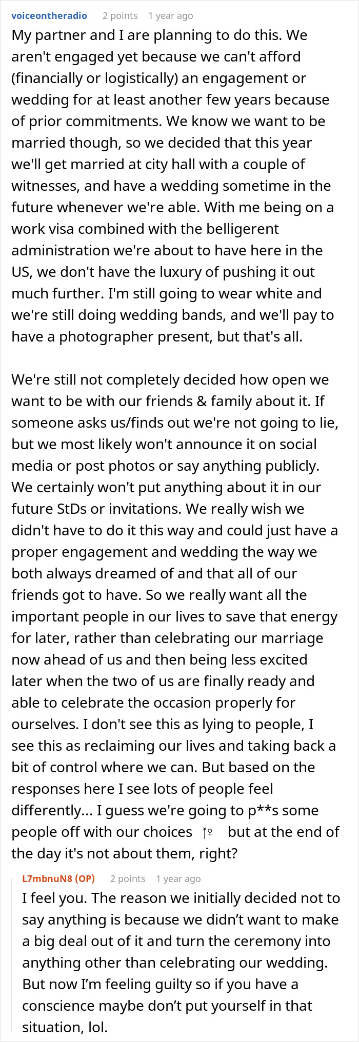 A Reddit post where a bride panics about legally marrying before the wedding ceremony, potentially upsetting guests.