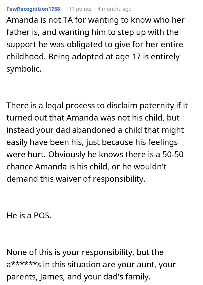 Comment discussing confusing and wild family dynamics involving DNA tests, paternity, and child support obligations.