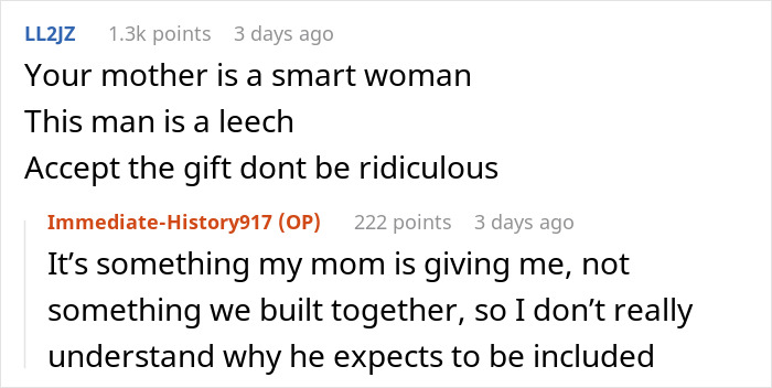 A comment section screenshot shows someone advising a woman to accept property in her name, calling her boyfriend a leech.