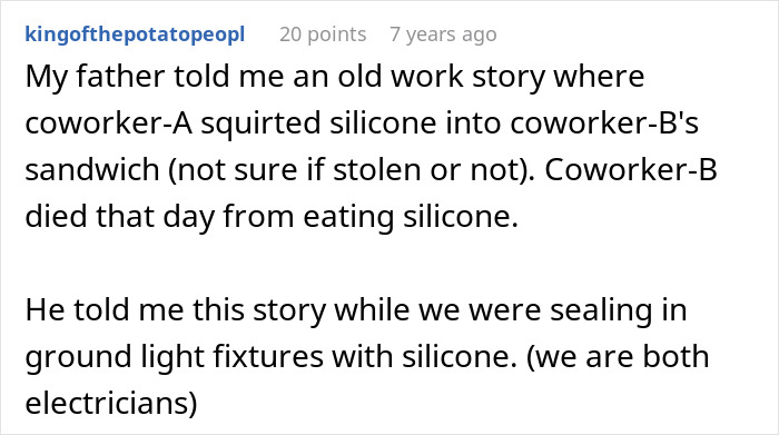 A Reddit post describes a coworker prank escalating to a food thief's d***h, highlighting severe consequences of being left without iced sweet tea.
