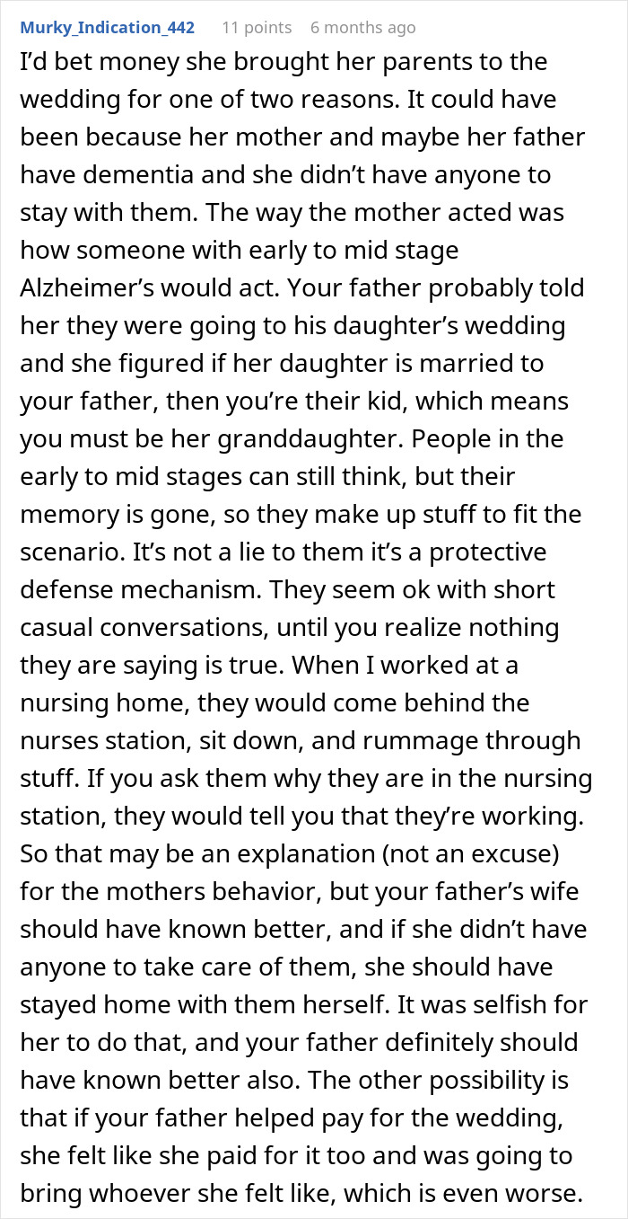 A reddit post titled "Murky_Indication_442" with 11 points from 6 months ago, discussing the wedding entitlement scenario.