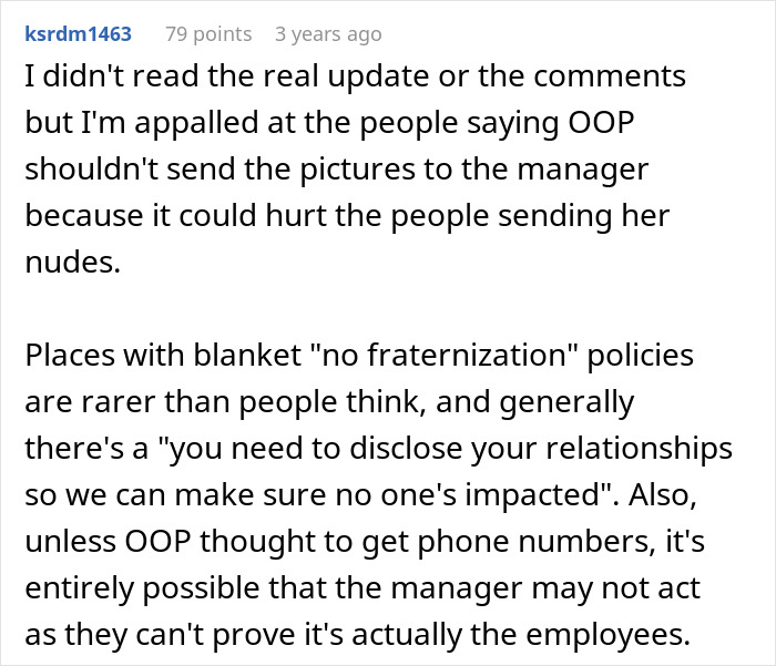 User comment on no fraternization policies and reporting cheating with evidence
