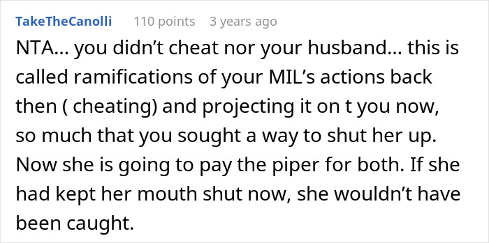 A Reddit comment defending a woman accused of infidelity, emphasizing that a DNA test can unravel MIL's dark secret.