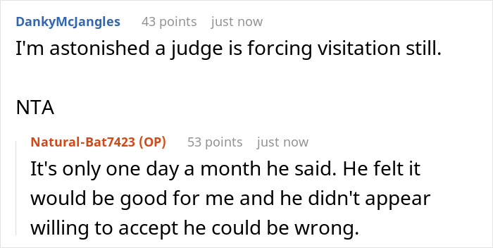 A Reddit post from DankyMcjangles and Natural-Bat7423 discussing a judge forcing visitation, relates to a pregnant GF situation.