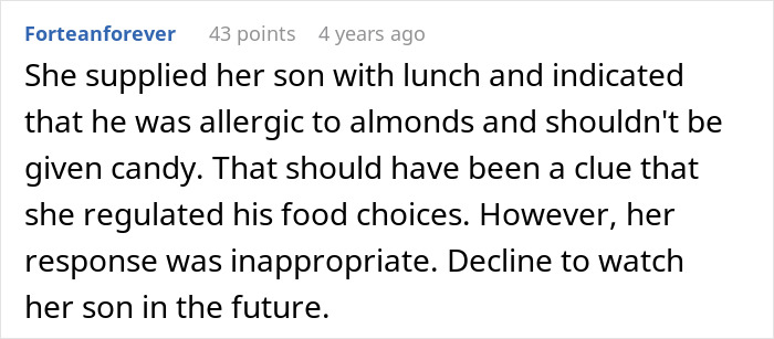 A Reddit comment regarding a parent's strict food rules while babysitting, referencing issues with trying to transition son into vegan.