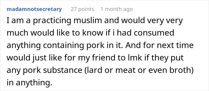 A Reddit post where a Muslim roommate asks a friend to disclose if food contains bacon fat or any pork.