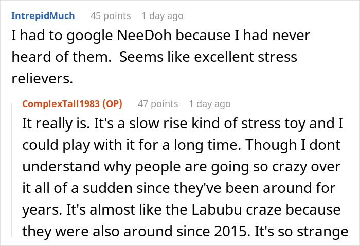 Text conversation about NeeDoh stress relievers, comparing its sudden popularity to the Labubu craze since 2015. Text conversation about NeeDoh stress relievers, comparing its sudden popularity to the Labubu craze since 2015.