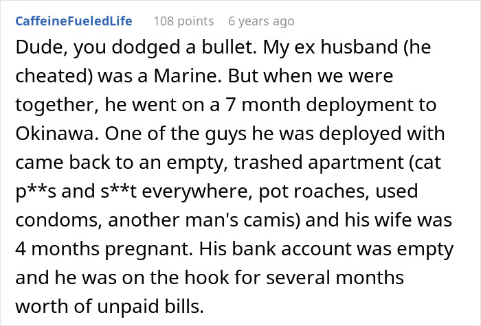 Comment about army wife cheating on deployed husband and his revenge with karma catching up, shown in text screenshot.