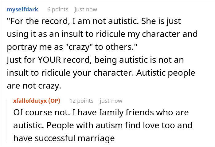 A Reddit thread discussing a toxic bestie mocking someone as autistic. The comments defend autistic people, highlighting how they find love.