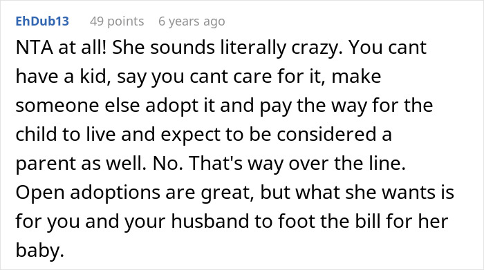 Text comment about woman wanting her baby adopted by her brother, furious after sister-in-law says she'll be only mom. Text comment about woman wanting her baby adopted by her brother, furious after sister-in-law says she'll be only mom.