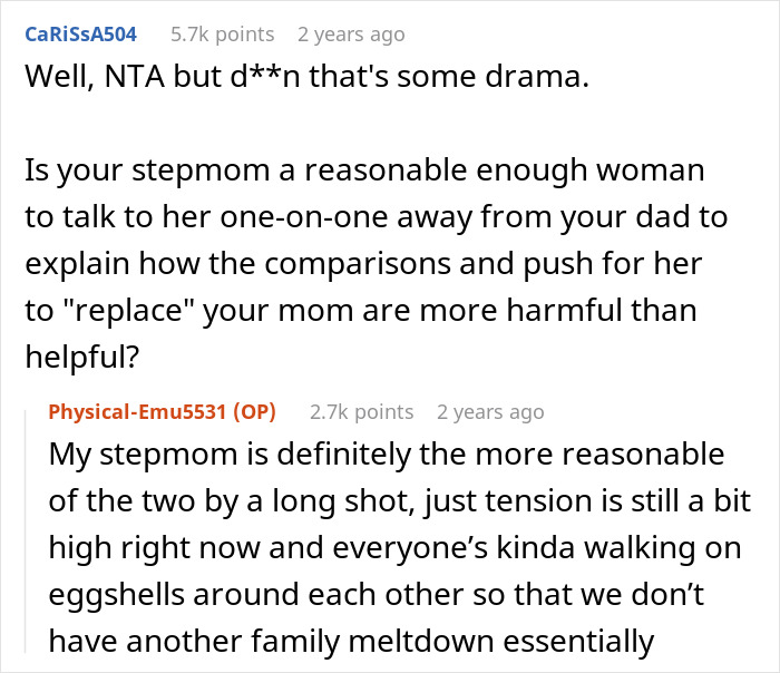 A Reddit comment suggesting a teen talks to their stepparent about their dad pushing to replace their late mom.