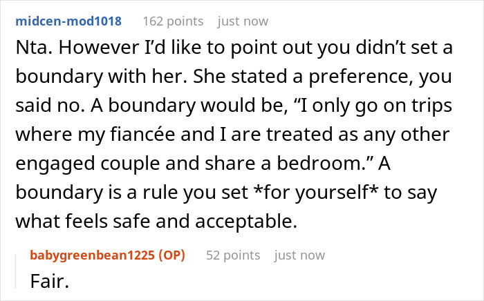 Screenshot of an online forum discussion about a woman&rsquo;s dilemma involving her mother controlling sleeping arrangements with her wife-to-be.