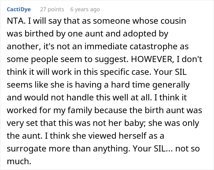 Text post discussing a woman upset over her baby’s adoption by her brother and conflict with sister-in-law about motherhood. Text post discussing a woman upset over her baby’s adoption by her brother and conflict with sister-in-law about motherhood.