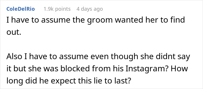 Screenshot of a social media comment discussing a groom&rsquo;s lie and his blocked Instagram, hinting at secrets revealed.