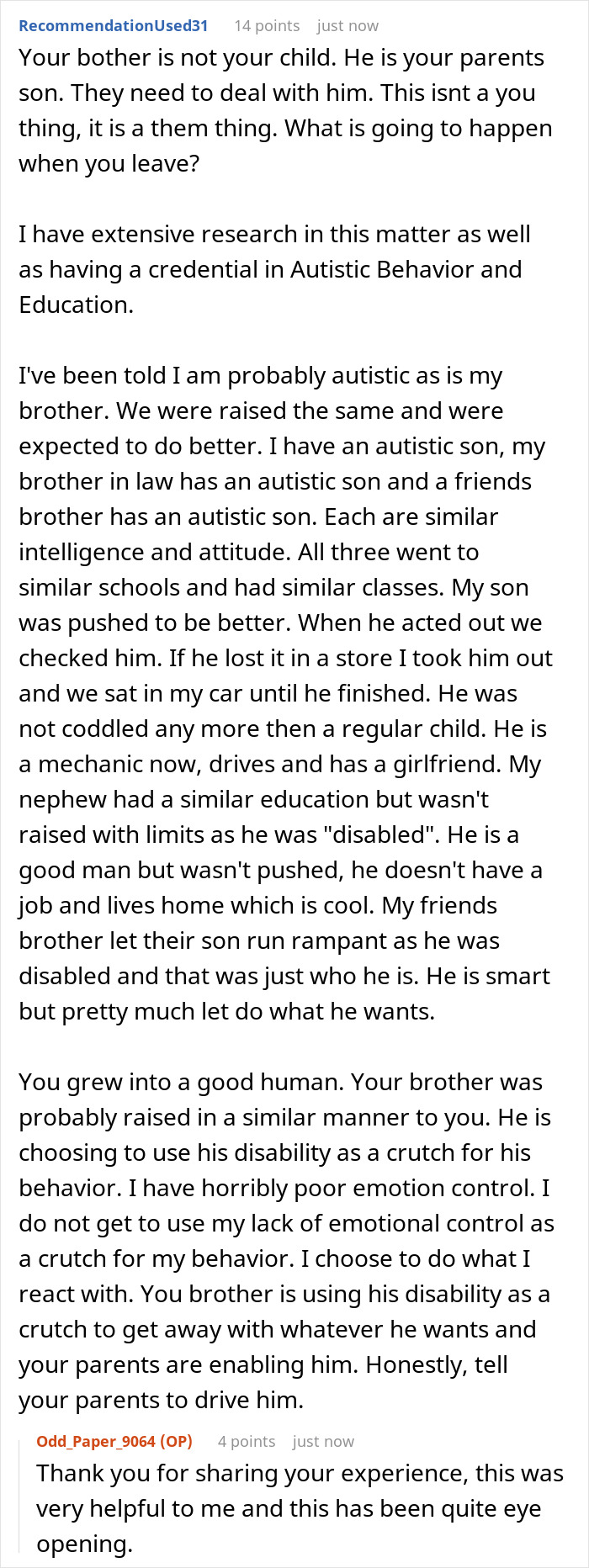 Comment discussing years spent driving autistic brother with no gratitude, highlighting limits and family dynamics. Comment discussing years spent driving autistic brother with no gratitude, highlighting limits and family dynamics.