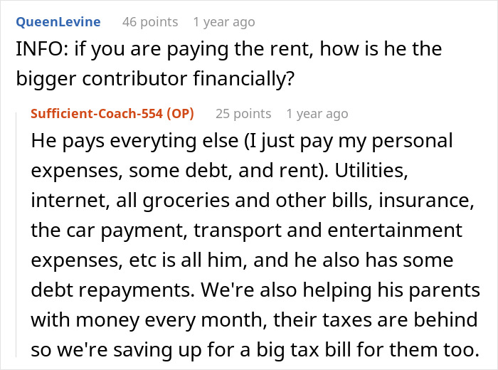 A screenshot of a Reddit thread discussing a woman's financial contributions in a marriage, leading to her decision to quit the marriage.