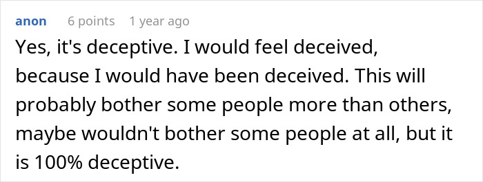 A comment from 'anon' stating, "Yes, it's deceptive," expressing concern about a legally married couple upsetting guests.