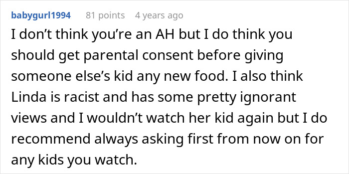 Reddit comment from babygurl1994 on parental consent for food, relevant to a son's vegan transition.