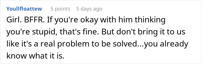 A social media comment from Youllfloatattew, offering direct advice to a woman wondering about her husband's secret child.