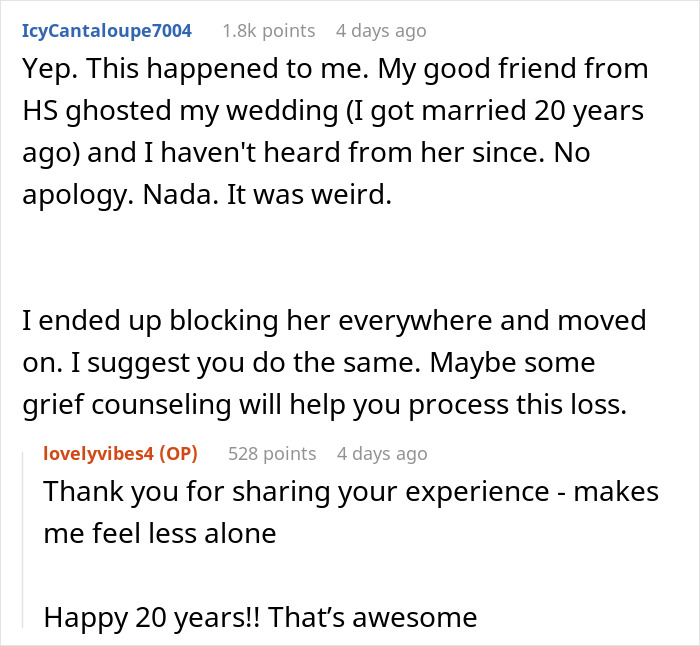 A screenshot of Reddit comments discussing a friend skipping a wedding, with advice for the bride's broken heart.
