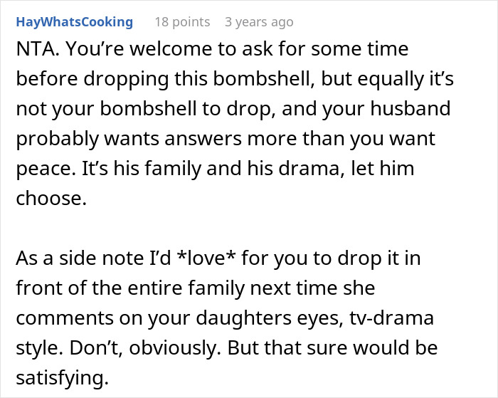 A Reddit comment, offering advice on sharing a secret, related to infidelity, daughter, DNA test, and unraveling a MIL's secret.