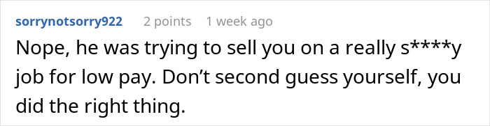 A comment supporting a job candidate who hung up mid-interview due to a low offer.