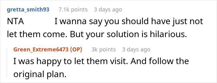 Reddit conversation showing user debating how a guy makes family as uncomfortable as possible after they refuse to leave his house.