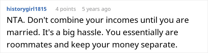 A Reddit comment from user historygirl1815, advising not to combine finances until married, reflecting the refusal to split finances keyword.