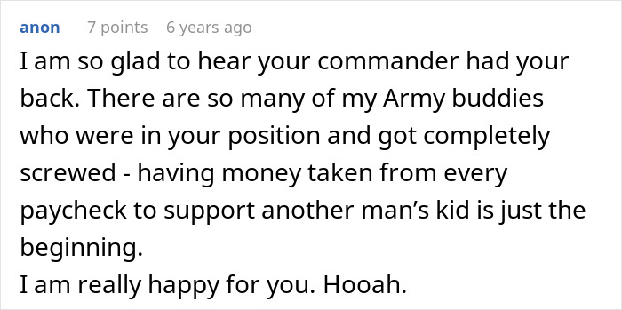 Comment discussing support from an Army commander for a deployed husband dealing with betrayal and financial hardship.