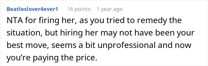 Screenshot of a Reddit comment discussing the consequences of a CEO hiring her sister after downsizing her job.