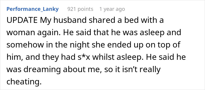 A Reddit post titled UPDATE My husband shared a bed with a woman again, discussing a married man's excuse for sharing a room.