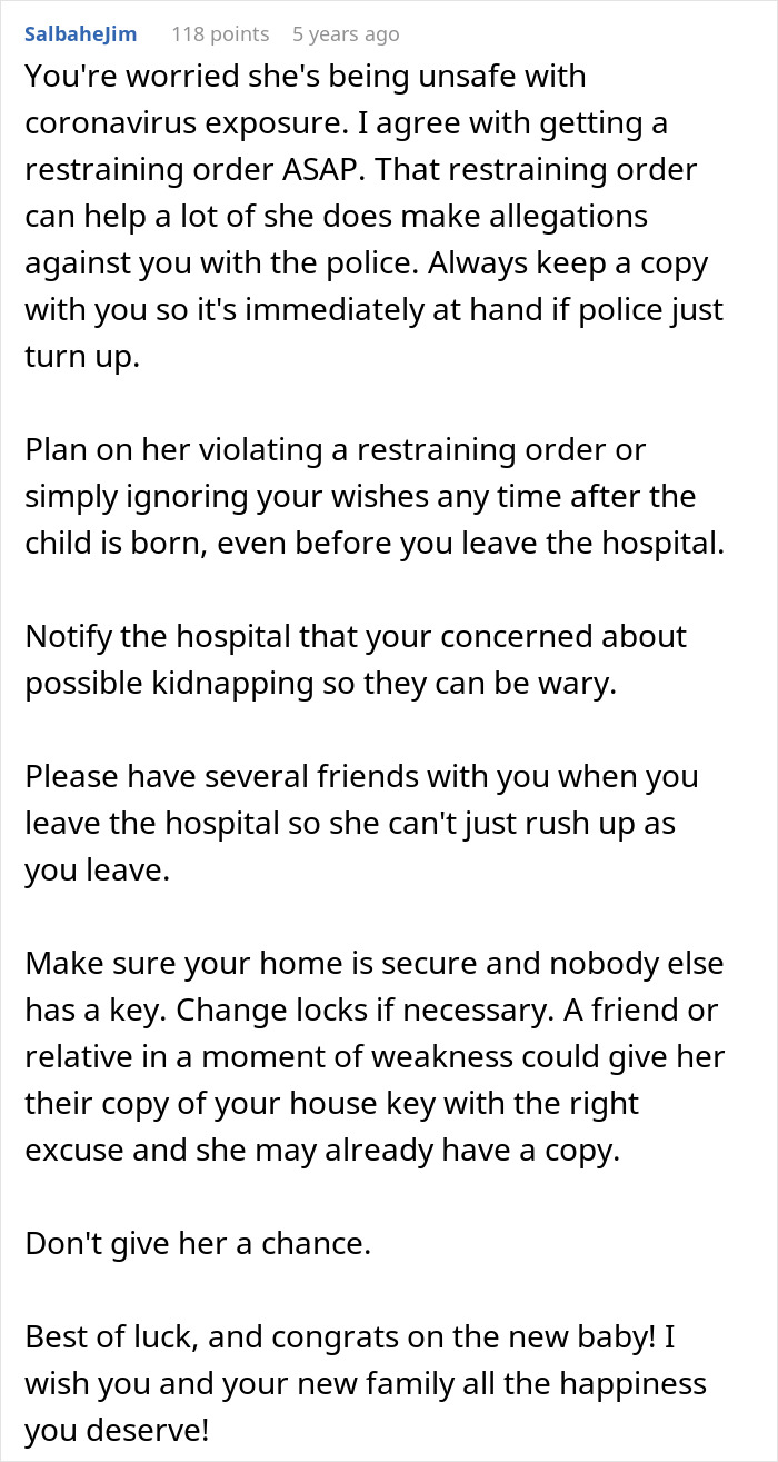 Text advice on handling mom&rsquo;s creepy behavior and concerns about safety for her baby, including restraining orders and security tips.