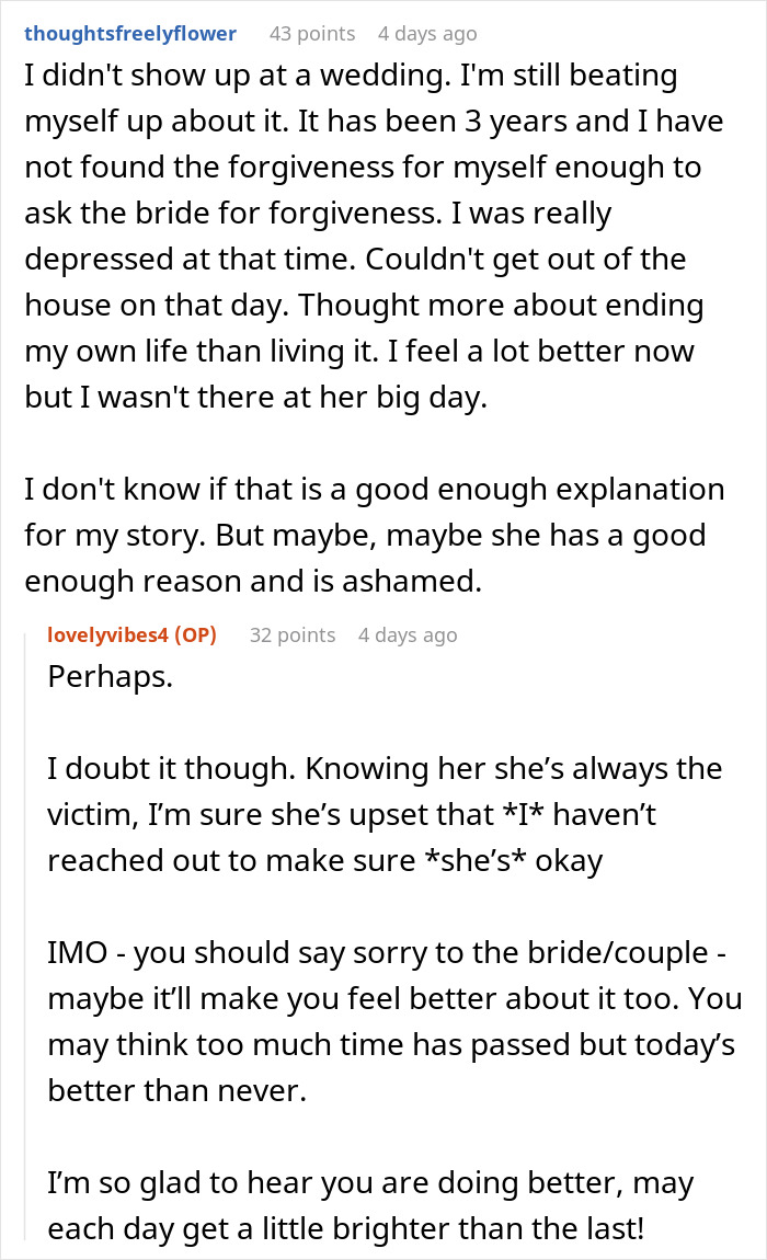 A Reddit post about a best friend who skipped a wedding, leading to a heartbroken bride and regret.