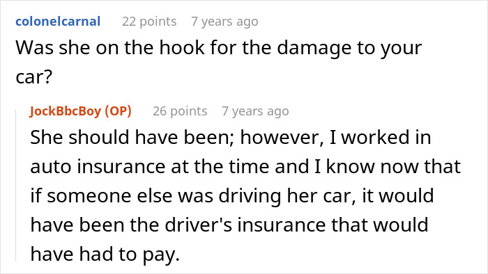Red car with visible damage parked on street, illustrating entitled woman damages guy&rsquo;s car scenario.