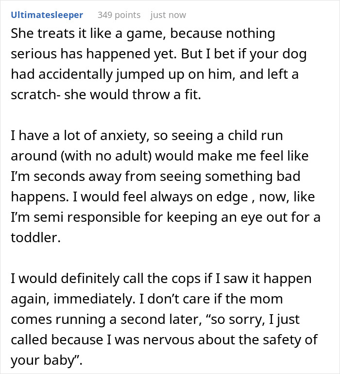 Comment discussing anxiety over a 3YO toddler escaping home and running inside a neighbor&rsquo;s house without adult supervision.