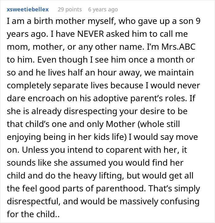 Comment from birth mother discussing adoption boundaries and respect for adoptive parents’ roles in child’s life. Comment from birth mother discussing adoption boundaries and respect for adoptive parents’ roles in child’s life.