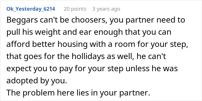 Screenshot of a forum comment discussing woman paying for family vacation and excluding stepson from trip.
