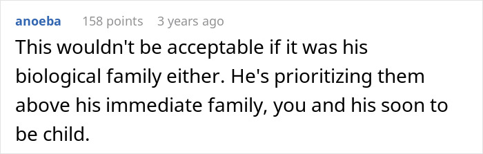 Comment discussing husband neglecting pregnant wife by prioritizing his chosen family over immediate family.